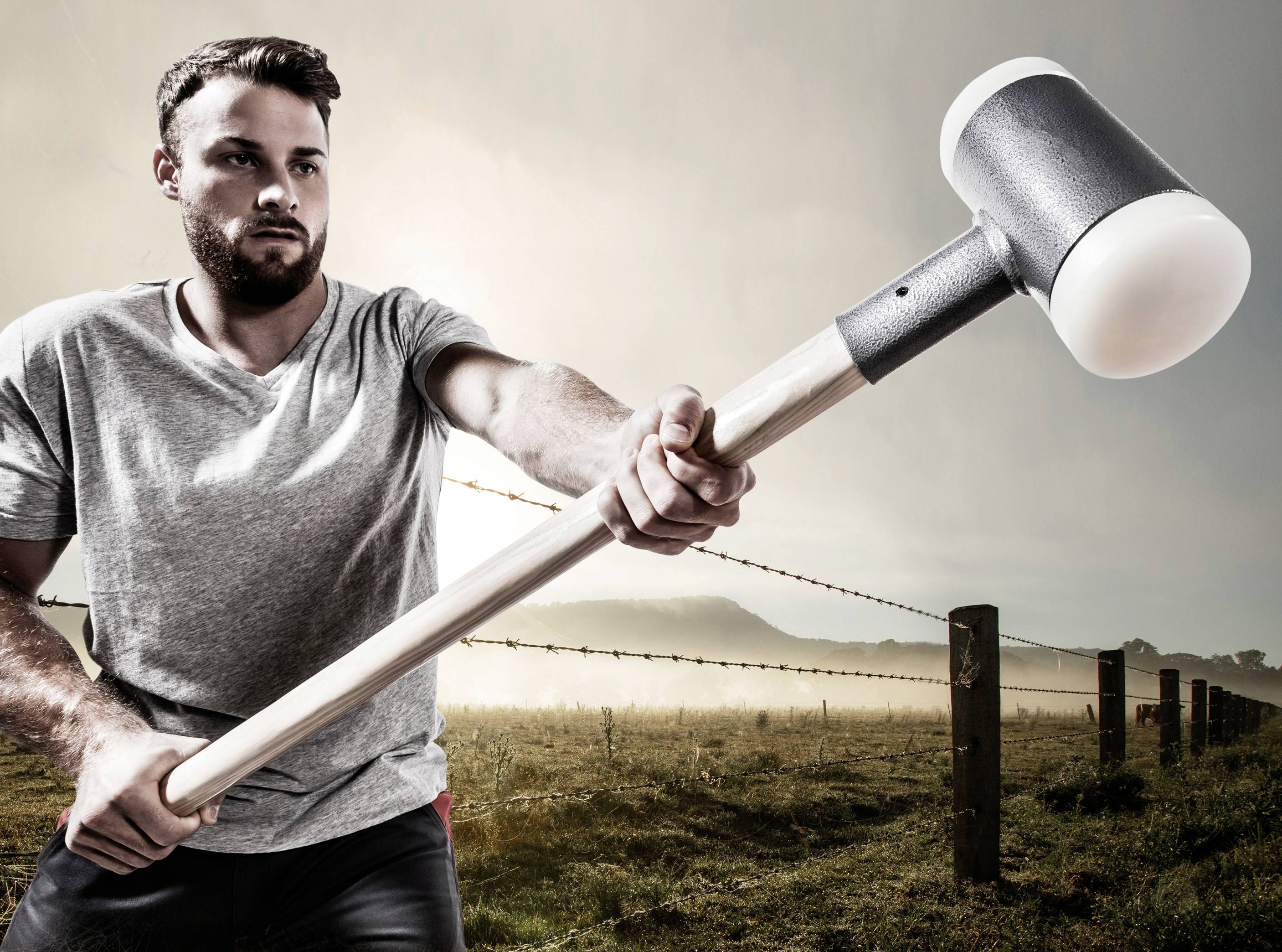 A man is holding a large hammer, standing in a field with a barbed wire fence in the background. It is misty, the sky is grey.