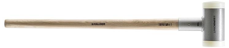 Wooden hammer with metal head and rubber attachments at both ends, lying horizontally. Suitable for work requiring gentle striking.