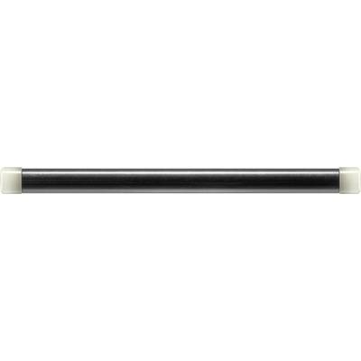 A grey metal cylinder with white end caps, lying parallel to the horizontal axis. Shiny surface with linear textures.
