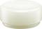 A white, round lid of a plastic container. The lid is plain and rests on a smooth surface.