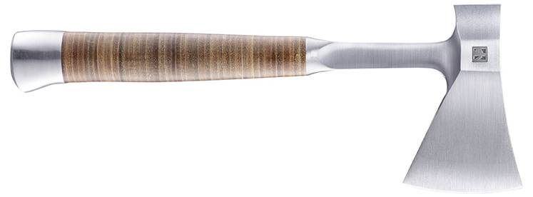 A silver axe with an ergonomic, brown handle.