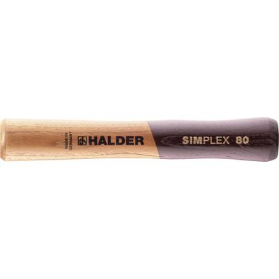 Wooden handle of a hammer with the inscription 'HALDER SIMPLEX 80'. Left side left in its natural state, right side painted in a darker colour.
