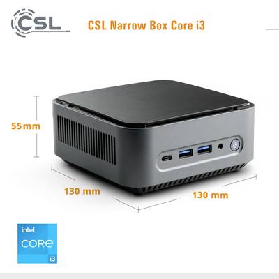 Grey-black mini PC 'CSL Narrow Box Core i3', compact with dimensions of 130 mm x 55 mm. Front panel: USB and headphone ports.