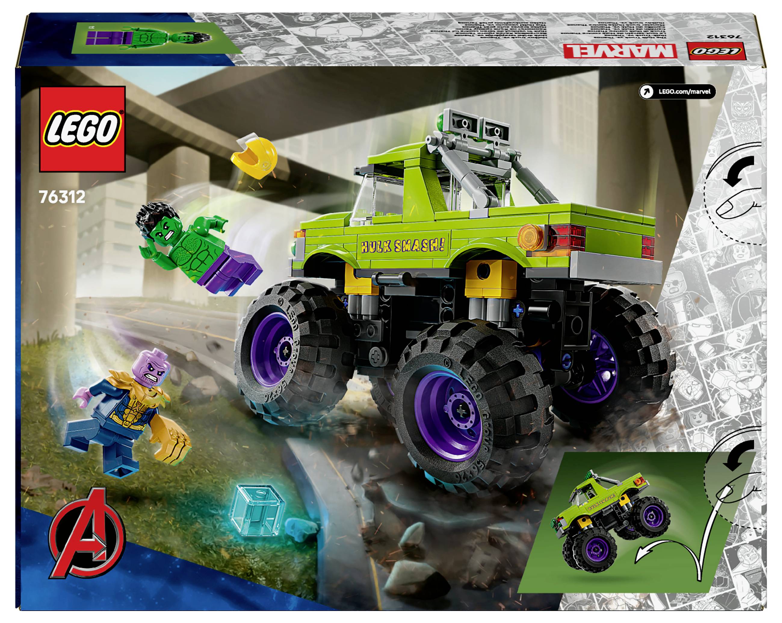 LEGO Set 'Avengers: Hulk vs. Thanos'. Contains a green monster truck and minifigures of Hulk and Thanos. Also includes accessories.