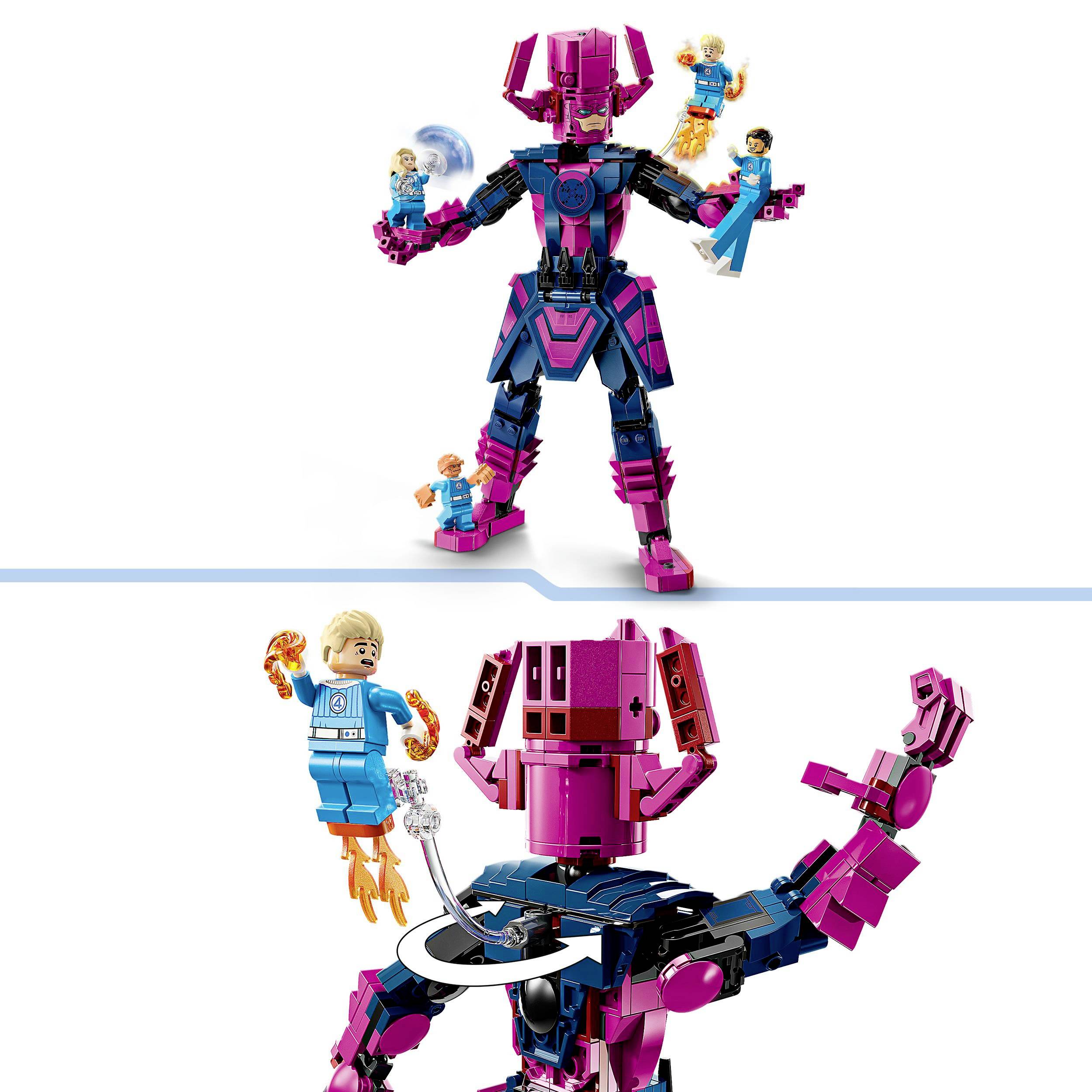 A large, pink robot is holding two blonde figures in blue suits, one male, one female. Both figures appear unconcerned.