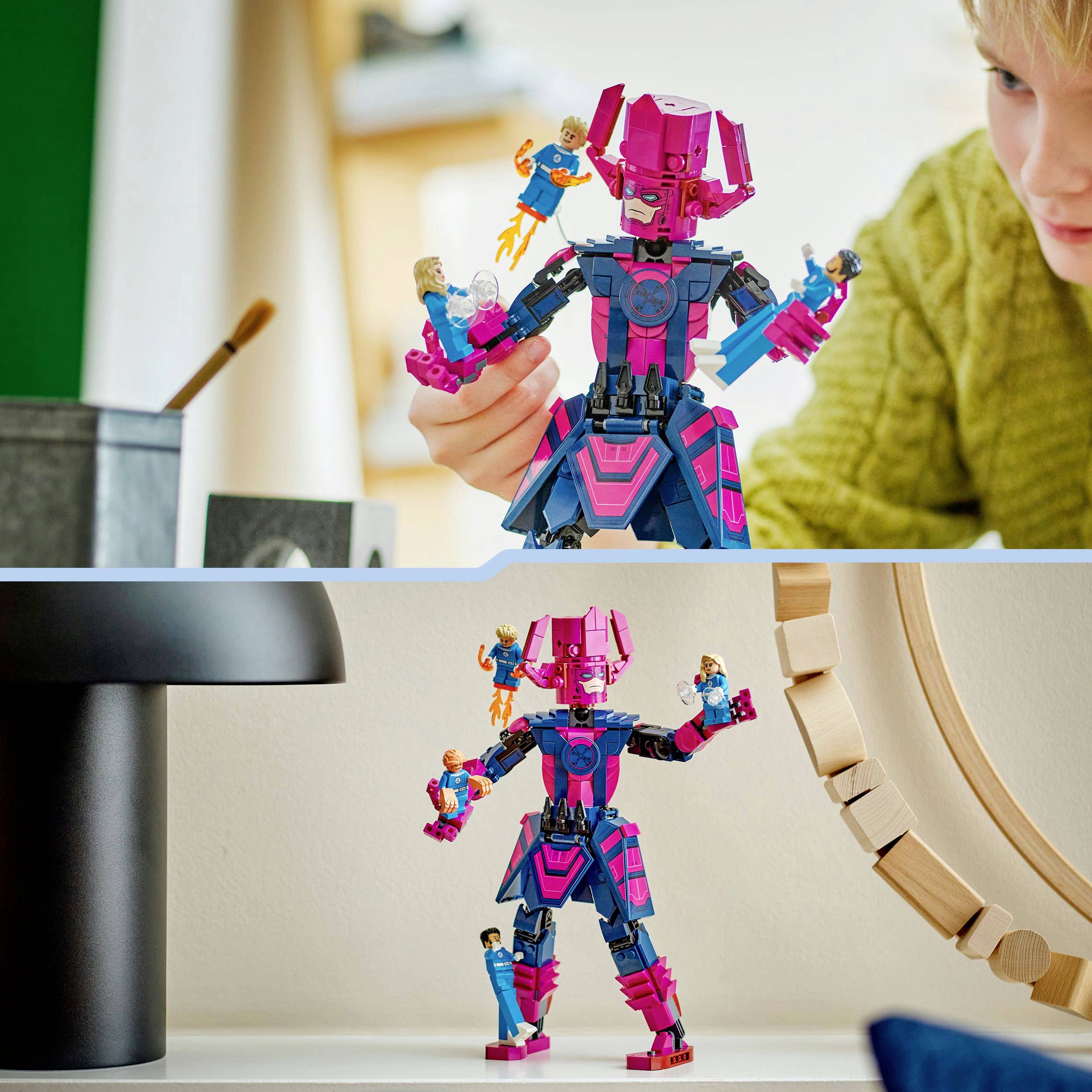 A detailed, colorful robot figure made of building blocks stands on a table. A child curiously observes the robot in the background.