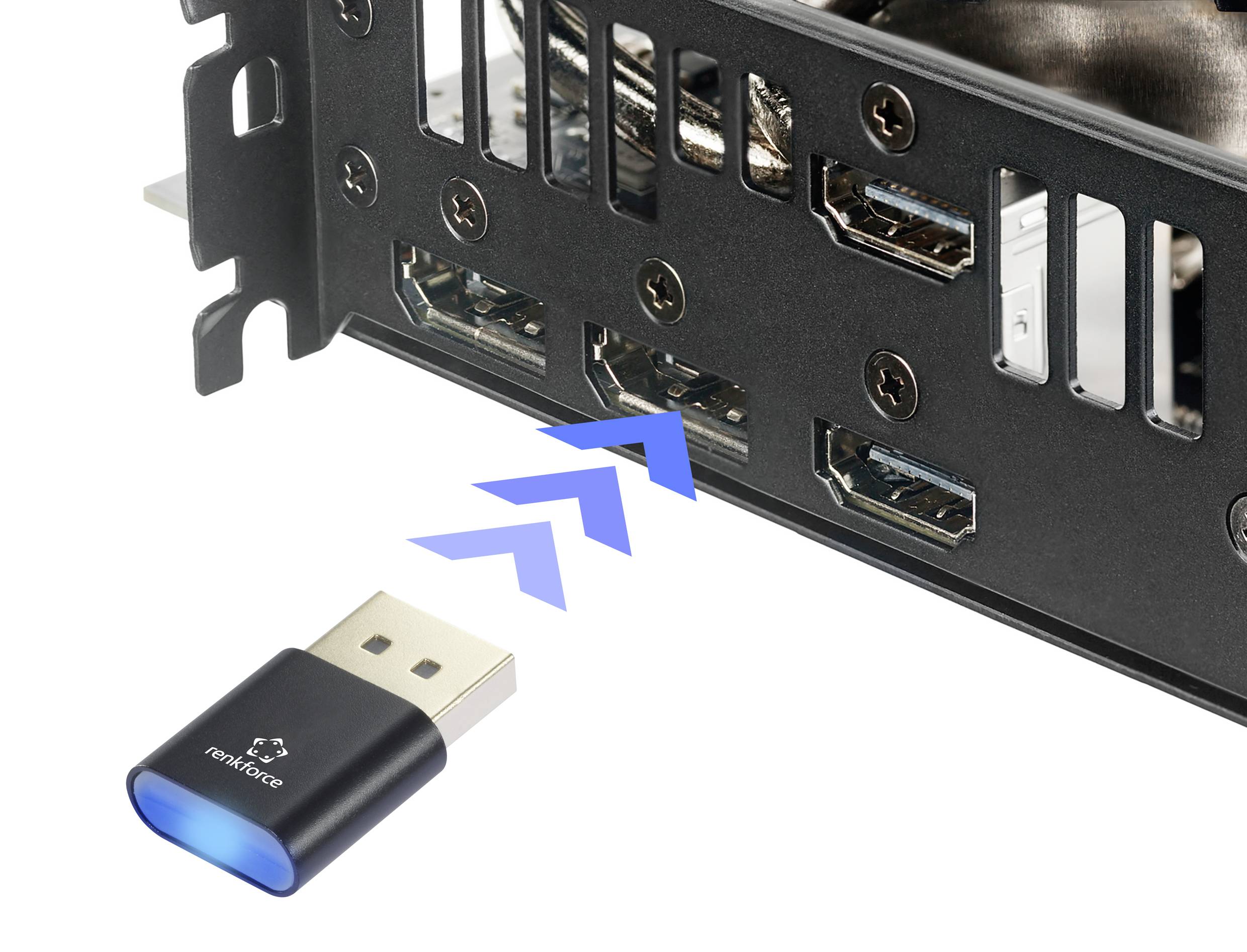 USB dongle with blue light symbol pointing towards the HDMI ports of a graphics card, potentially indicating connectivity.