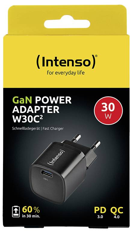 'Intenso GaN Power Adapter W30C2' Charging Plug, 30W. Rapid Charging: 60% in 30 Mins. Supports PD 3.0, QC. Packaging yellow-black.