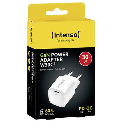 'Intenso GaN Power Adapter W30C2', Fast Charger, 30W. Packaging shows adapter with USB port. Note: Charge 60% in 30 minutes.