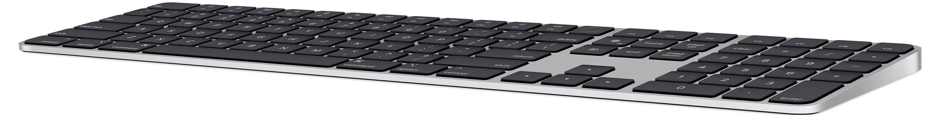Top-down view of a slim, wireless keyboard with a black keypad and silver casing, suitable for modern desk workspaces.