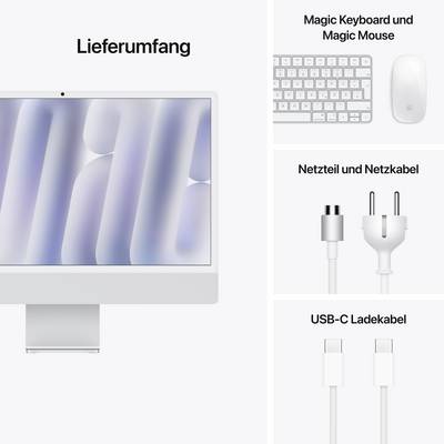 Included in the package: Monitor, Magic Keyboard, Magic Mouse, Power adapter with cable, USB-C charging cable.