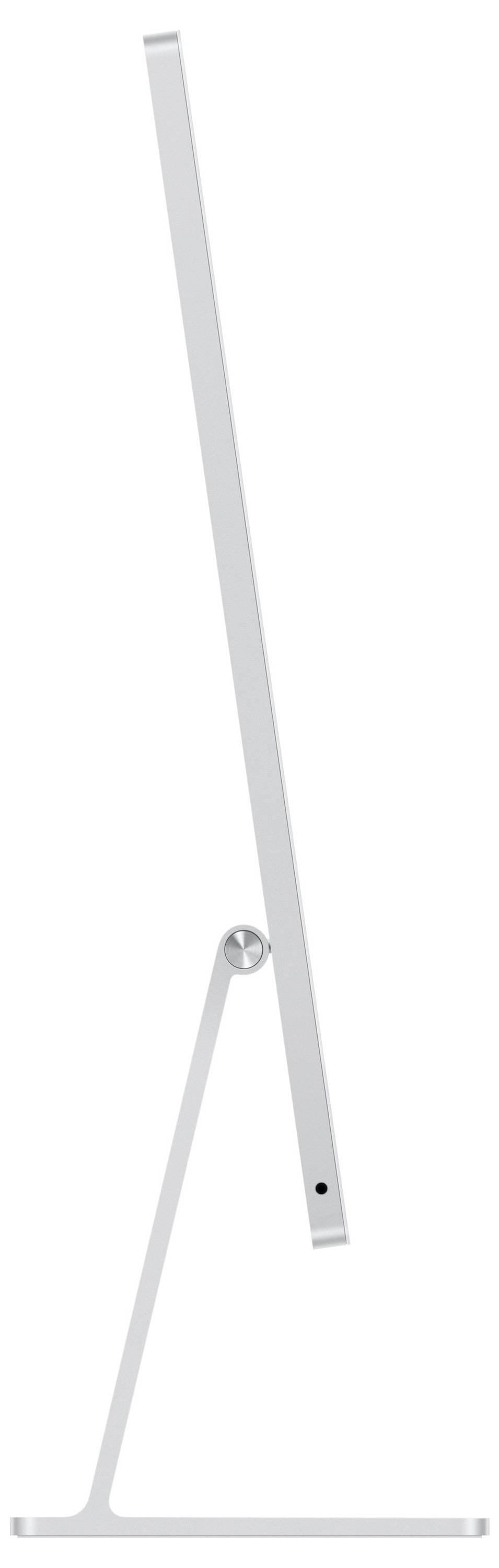 A sleek white monitor positioned sideways on an elegant stand, showcasing minimalist design.