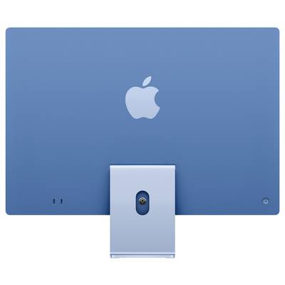 A blue computer monitor with an Apple logo on the back, elegantly designed with an integrated stand.