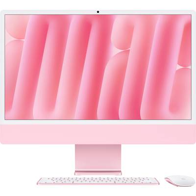 A pink computer monitor with keyboard and mouse. The screen displays an abstract, pink pattern.