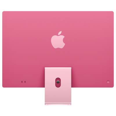 Rear view of a pink desktop computer with a large Apple logo in the centre.