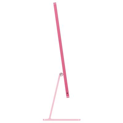 A slim, pink computer monitor viewed from the side, standing on a narrow stand. Modern and minimalist design.