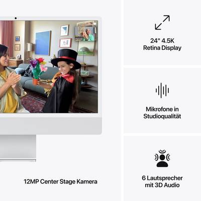 A computer screen displays two children dressing up. On the right are technical specifications: 24" 4.5K Retina Display, studio-quality microphones, 12MP Centre Stage camera, 6 speakers with 3D audio.