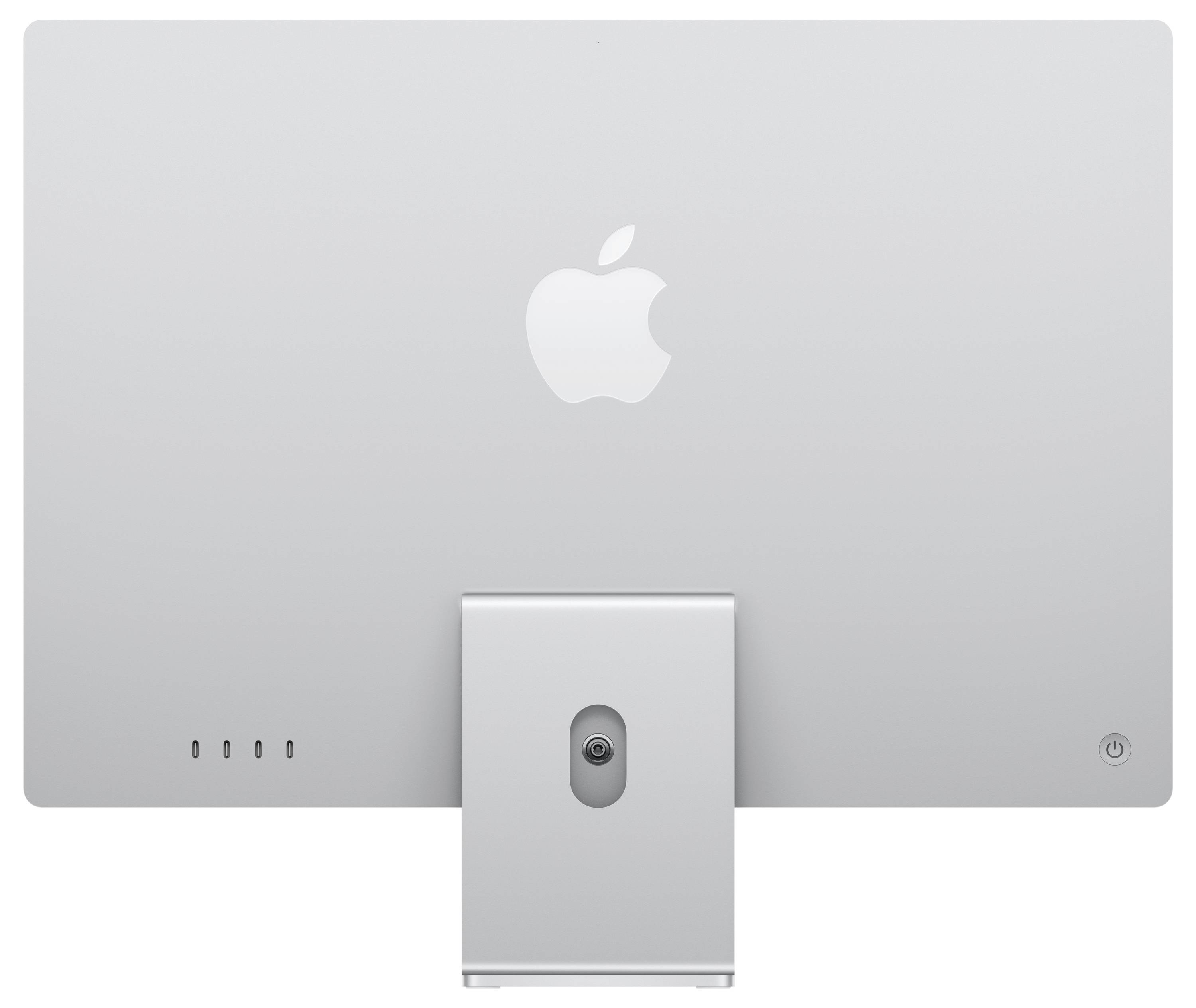 The rear of a desktop computer with a silver casing and Apple logo, showing the stand and ports at the bottom left.
