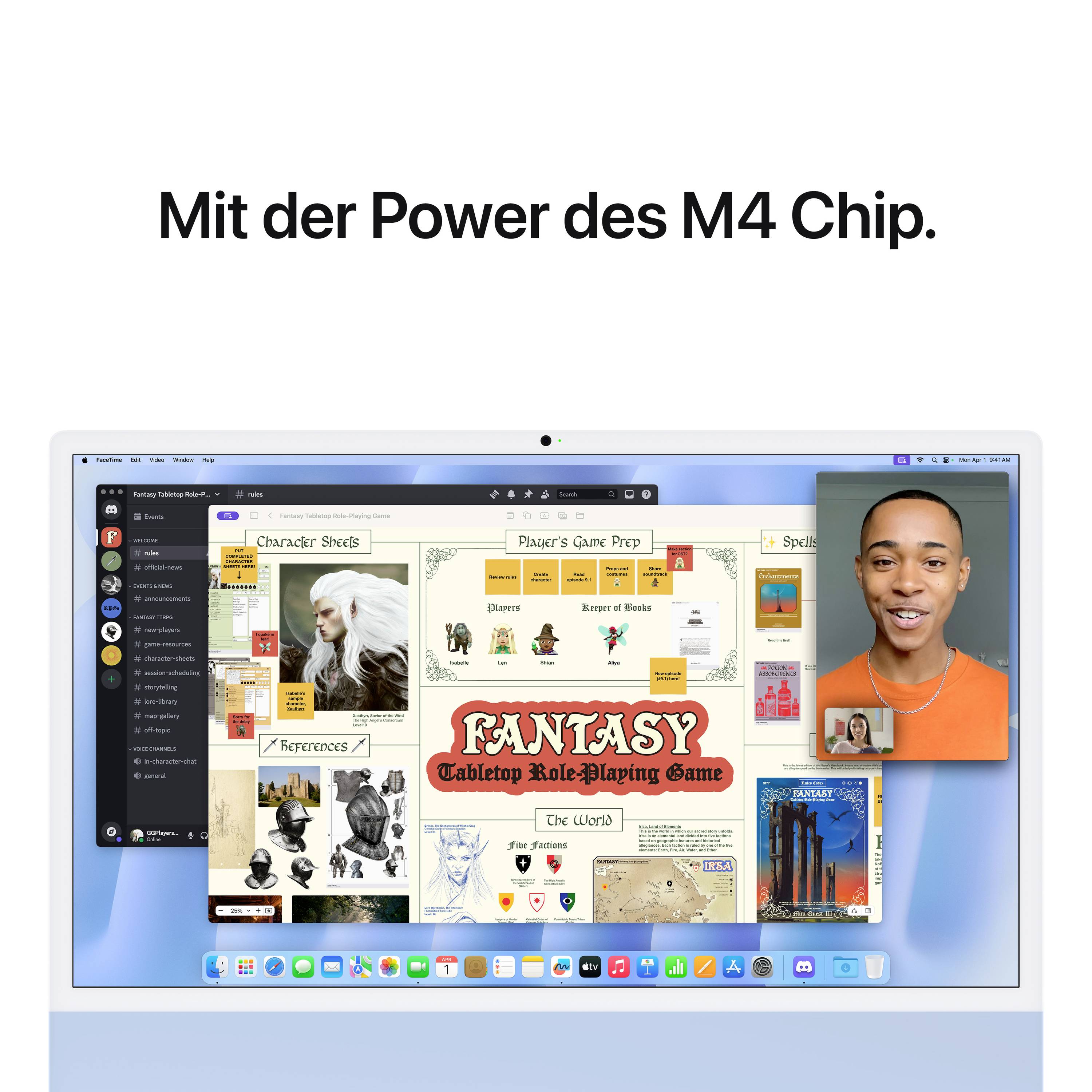 A computer screen displays various applications, including a fantasy role-playing game planner and a video call. Text: 'With the power of the M4 chip.'