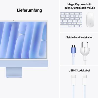 The image shows a computer screen and accessories: keyboard, mouse, power supply and USB-C cable. Text 'Included in delivery'.