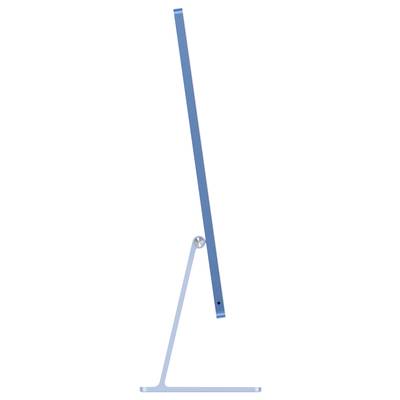 Side view of a modern, blue computer with a sleek design on an elegant stand.