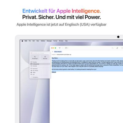 'Developed for Apple Intelligence.' shows Apple Mail with an email from Katie. Menu option: 'Read out your email'.
