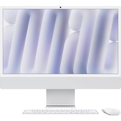 A computer with a white frame, keyboard, and mouse. The screen displays an abstract, blue-grey pattern.
