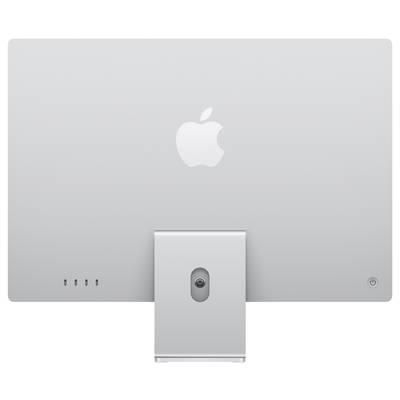 Rear view of a modern computer monitor with a silver casing and centrally positioned stand in a minimalist design.