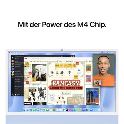 Flat computer screen with various open apps, including video call and game display. Text at the top: 'With the power of the M4 Chip.'