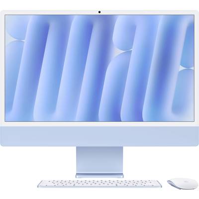 A modern desktop computer in blue with keyboard and mouse, an abstract blue pattern displayed on the screen.