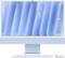 A modern desktop computer in blue with keyboard and mouse, an abstract blue pattern displayed on the screen.
