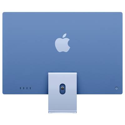 A blue computer monitor with an Apple logo on the back and a sturdy stand.