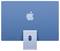 A blue computer monitor with an Apple logo on the back and a sturdy stand.