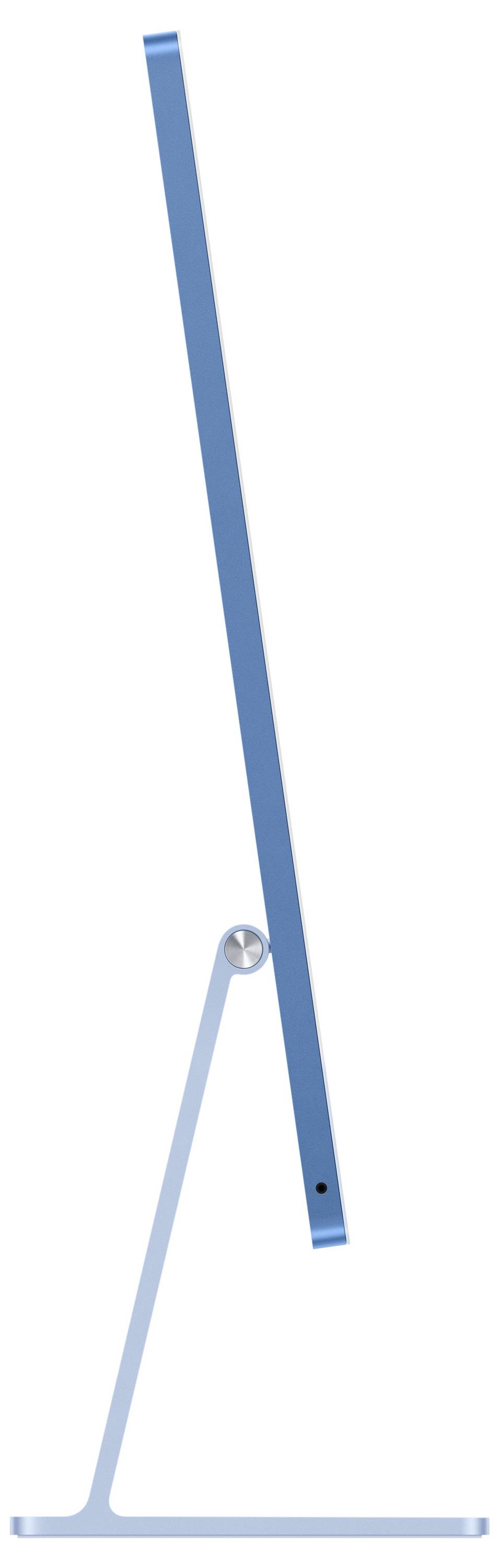 Side view of a blue, ultra-thin computer on a slender stand.