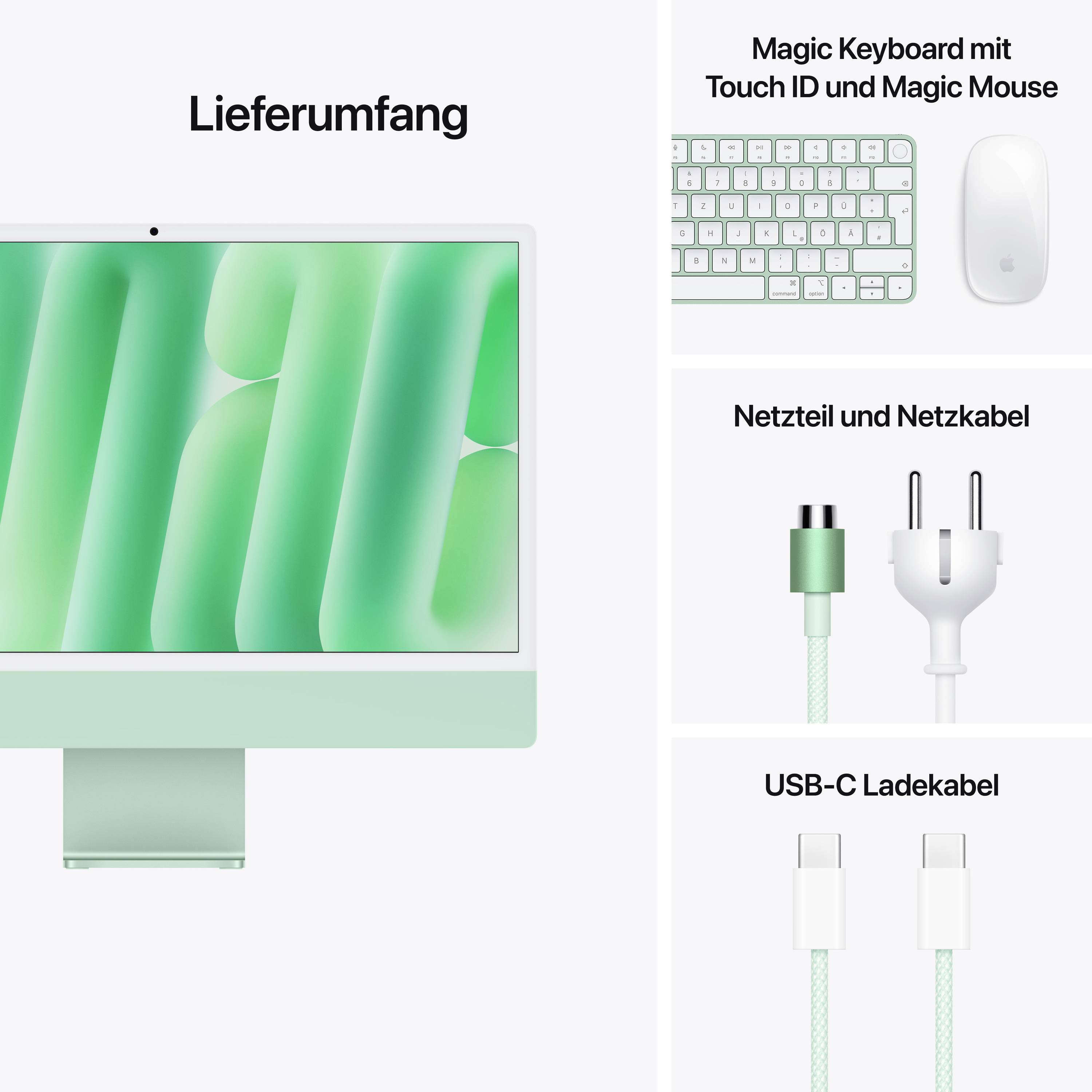 Contents of a computer with a green screen, Magic Keyboard with Touch ID, Magic Mouse, power adapter, power cable, USB-C charging cable.