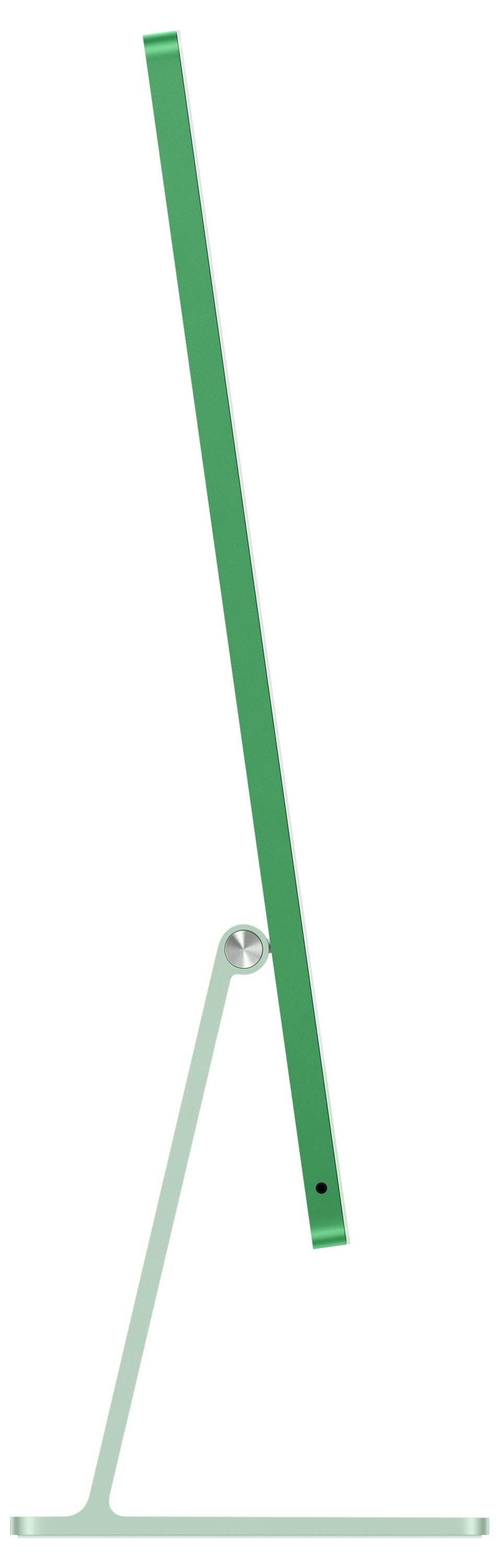Slim, side view of a modern computer monitor, green, mounted on a sturdy stand. Minimalist design.