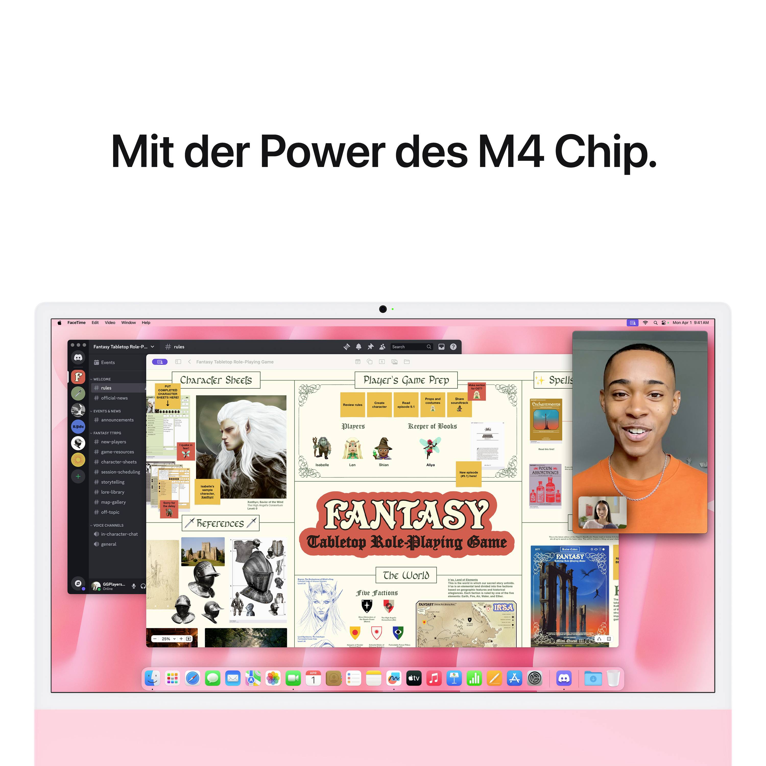 A computer screen displays a video conference with one person and the open app 'Fantasy Tabletop Role-Playing Game'. Text: 'With the power of the M4 chip.'