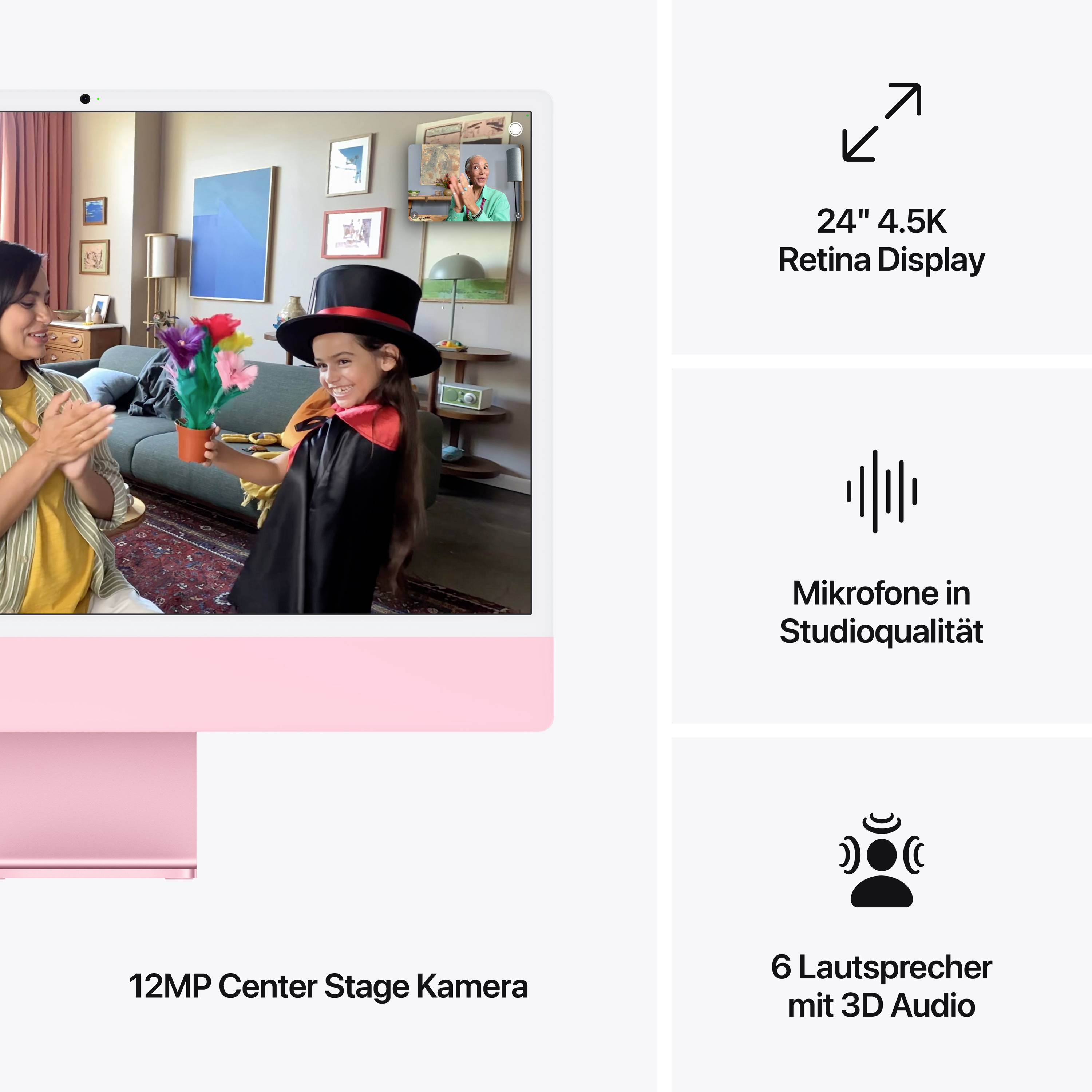 A pink computer with a 24" 4.5K Retina Display shows a video call with laughing people. Text: 'Studio-quality microphones', '6 speakers with 3D audio', '12MP Centre Stage camera'.