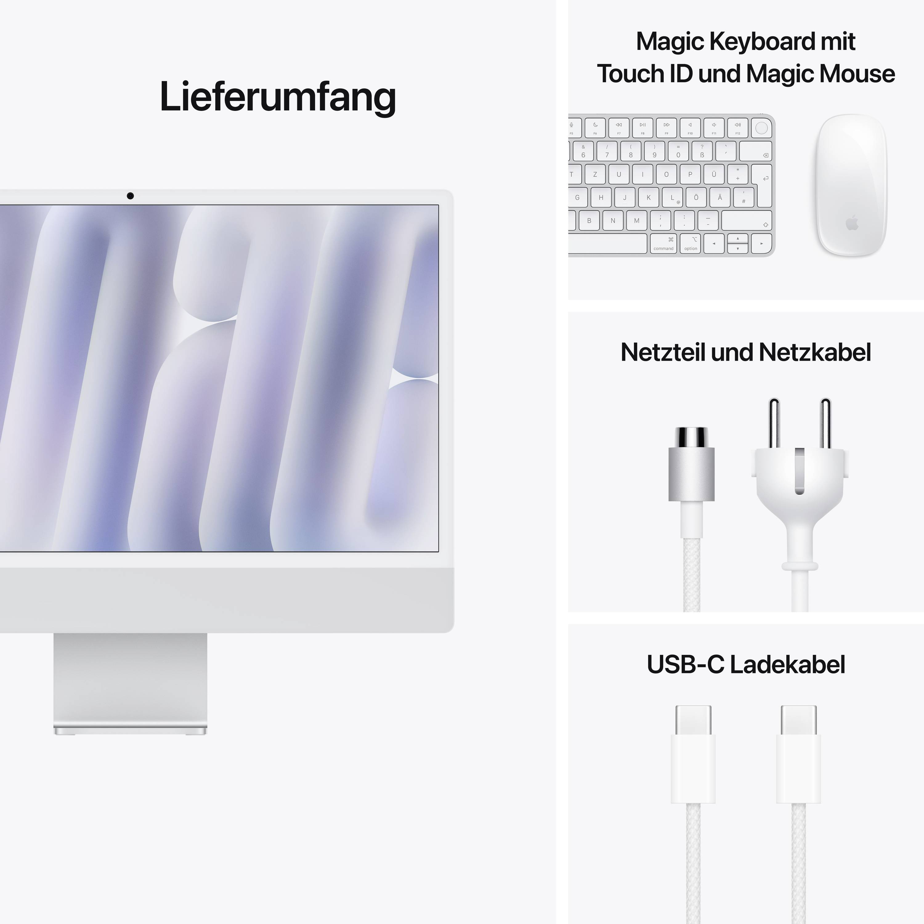 Included in the package: A computer with display, Magic Keyboard, Magic Mouse, power adapter, power cable, and USB-C charging cable.