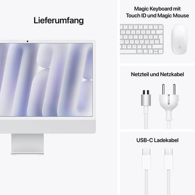 Included in the package: A computer with display, Magic Keyboard, Magic Mouse, power adapter, power cable, and USB-C charging cable.