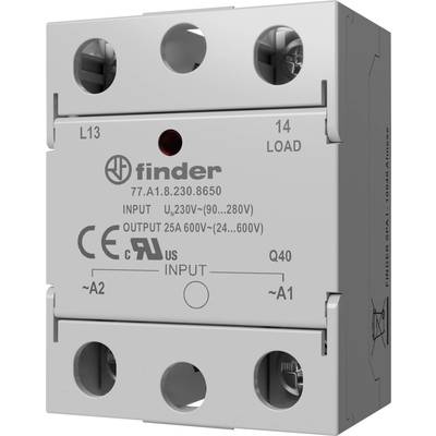 'Finder relay with L13 and 14 Load connections, input and output voltage, CE and UL certification. Model number 77.01.'