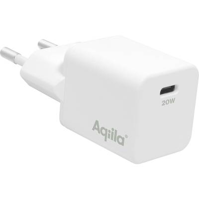 White 20W USB-C charger with two round pins, brand name 'Aqilla' on the side.