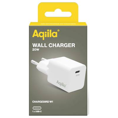 A white Aqiiila 20W wall charger box with 'No Strings Attached' printed on it. The front shows a USB-C port and 'Chargebird W1'.