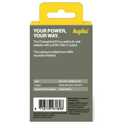 Back of a yellow packaging for a USB-C wall adapter. Performance details: 5V/3A, 9V/2.22A, 12V/1.67A and Material: 98% recycled.