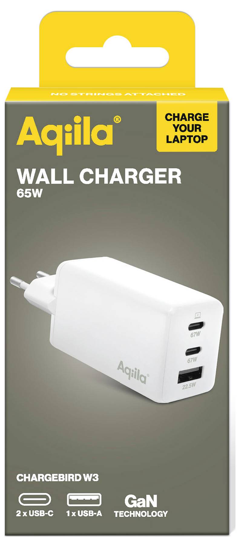 'Aqila 65W Charger for Laptop, white colour, two USB-C and one USB-A ports, GaN technology, ChargeBird W3 model.'