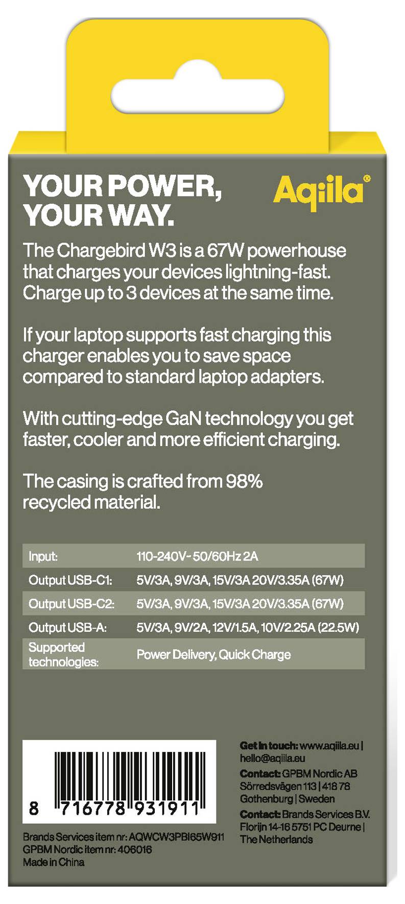 The packaging displays the "Chargebird W3" charger with 67W power for rapid charging of multiple devices. The casing is made from 98% recycled material.