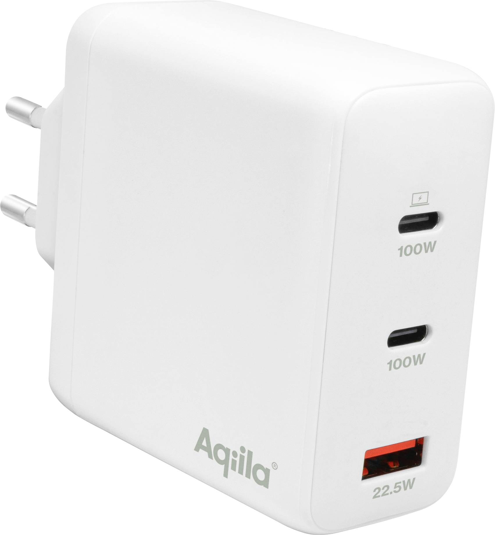 White wall charger with three ports: two USB-C ports for 100W and one USB-A port for 22.5W power.