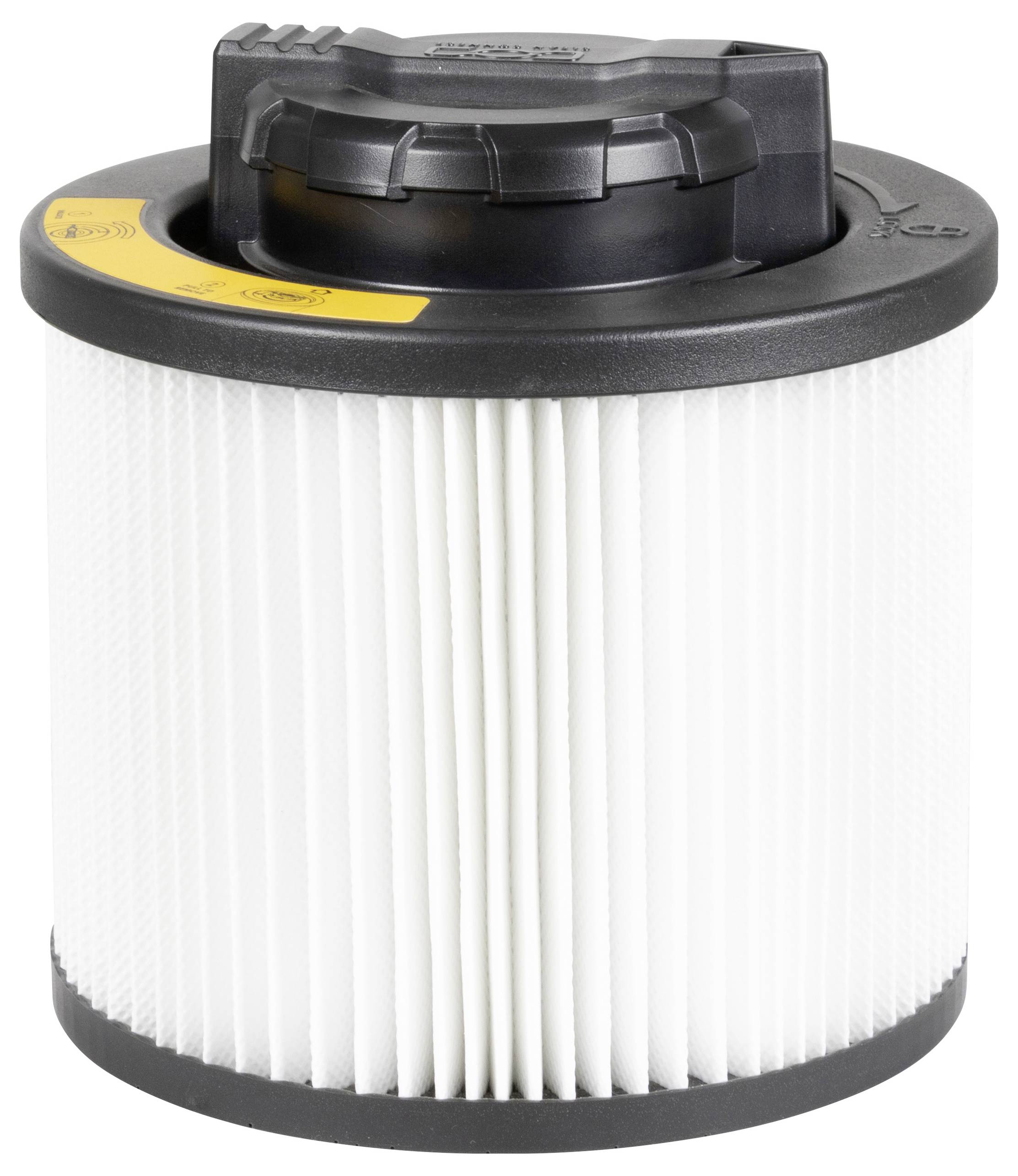 Cylindrical white filter with black top and bottom surfaces. The top surface features a rotatable lid with arrows and symbols.