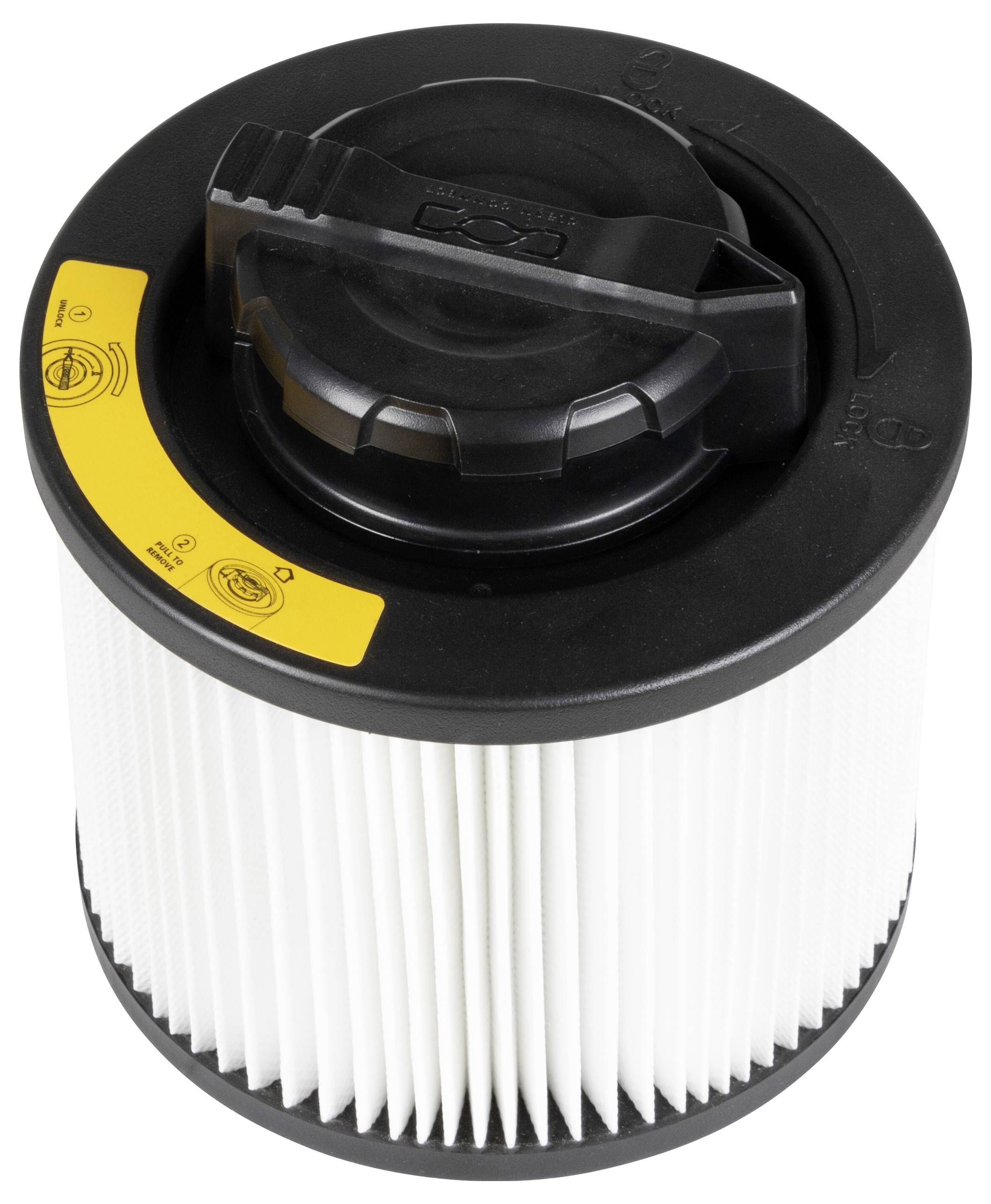 White round filter with black ends and handle. Yellow label with safety symbols. Used in vacuum cleaners or air purifiers.