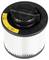 White round filter with black ends and handle. Yellow label with safety symbols. Used in vacuum cleaners or air purifiers.
